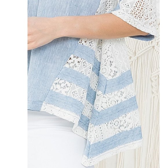 Women Washed Light Denim Blue Cotton Lace Details Bow Tie Asymmetric Top - T8705 - Picture 8 of 11